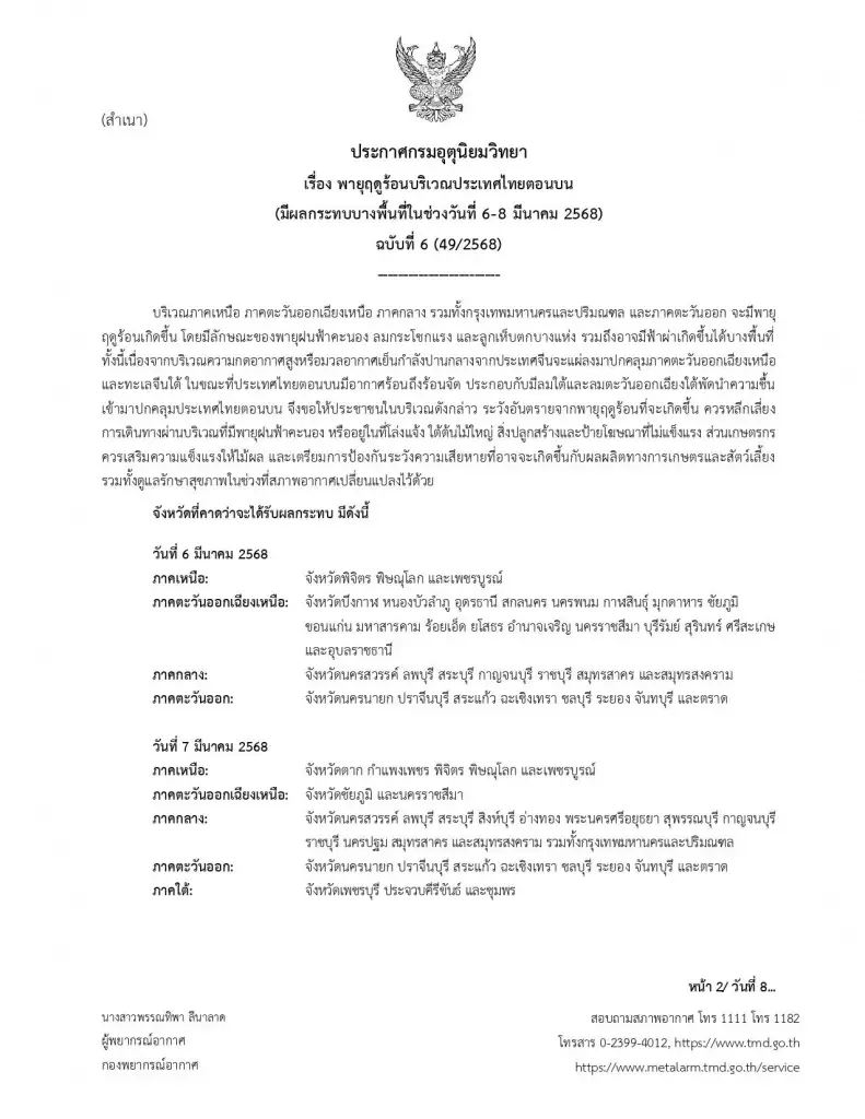 ประกาศฉบับ 6 กรมอุตุฯ เตือนพิกัดรับมือผลกระทบ "พายุฤดูร้อน" 6-8 มี.ค.นี้