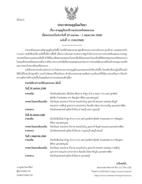 กรมอุตุฯเตือน! ออกประกาศ ฉบับที่ 11 ระวัง "พายุฤดูร้อน" บริเวณประเทศไทยตอนบน