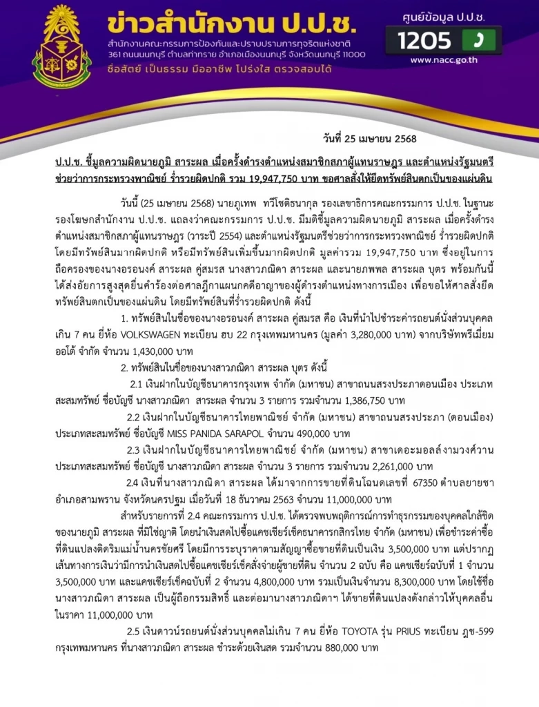 "ป.ป.ช."ชี้มูล "ภูมิ สาระผล" ฐานร่ำรวยผิดปกติ ส่งศาลสั่งยึดทรัพย์ ตกเป็นของแผ่นดิน