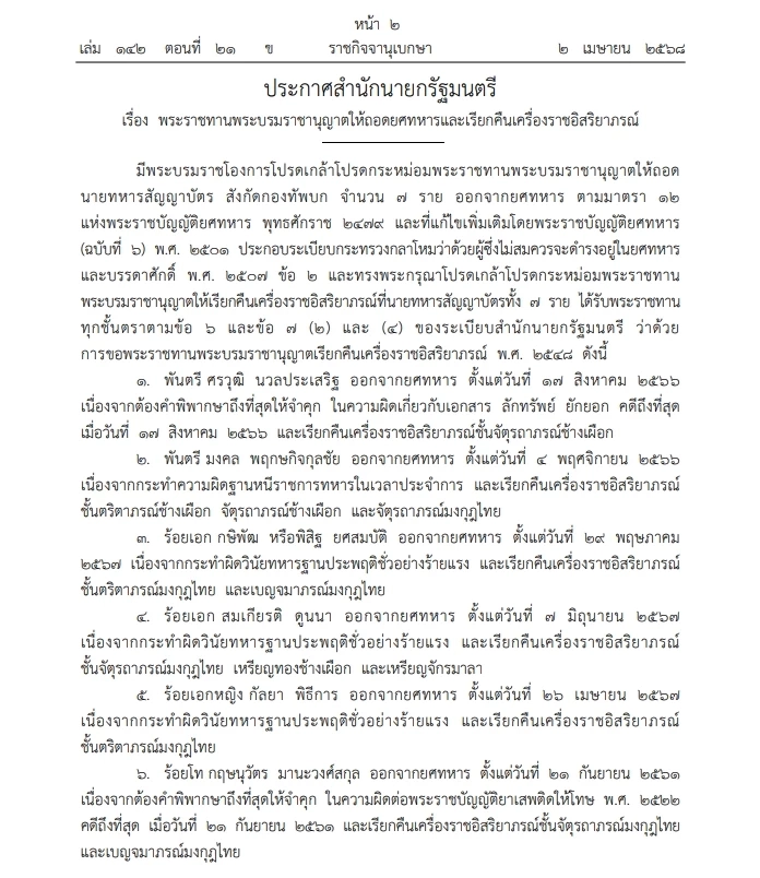 โปรดเกล้าฯ ให้ถอดยศทหาร 1 ราย และ"ถอดยศเรียกคืนเครื่องราชฯ" 7 ราย
