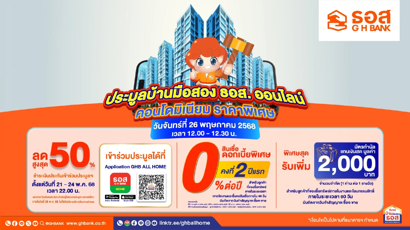 ธอส. เปิดประมูลออนไลน์คอนโดมิเนียมทำเลดี ลดสูงสุด 50%