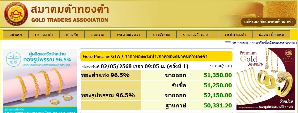 ราคาทองวันนี้ (2 พ.ค. 68) เพิ่มขึ้นเท่าไหร่ เช็กราคาล่าสุดทองขายเท่าไหร่