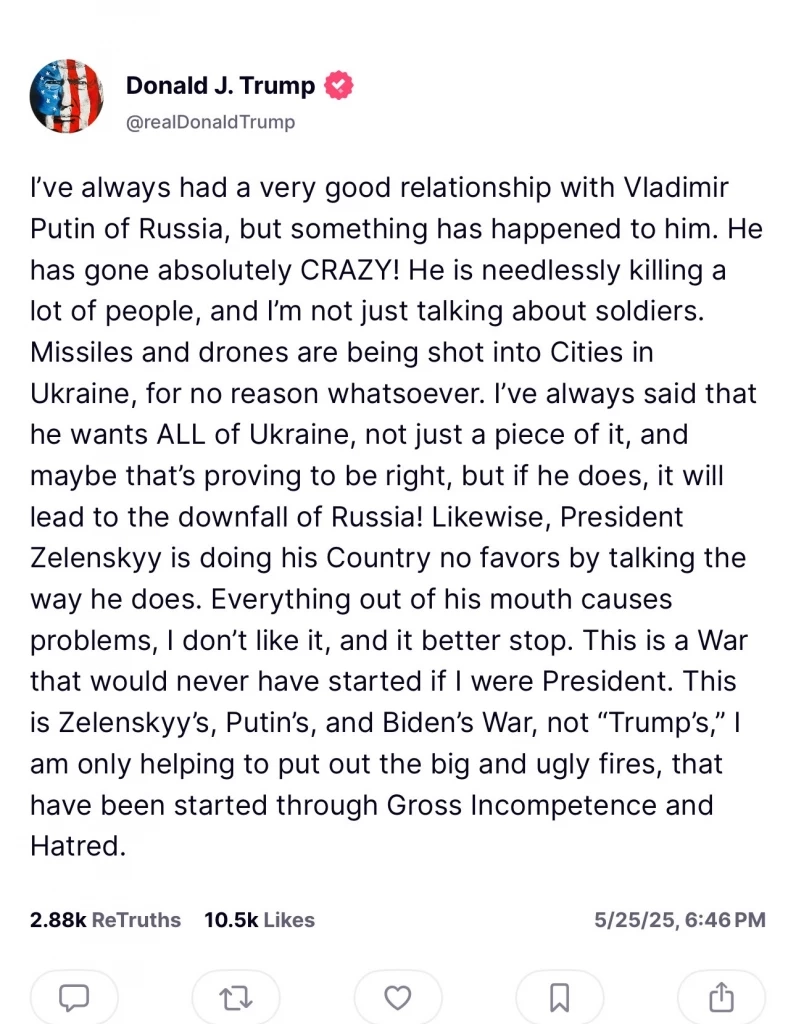 "ยูเครน" ลอบสังหาร "ปูติน" ด้าน "ทรัมป์" ฉะ "ปูติน" บ้าไปแล้ว "สังหารผู้คนจำนวนมากโดยไม่จำเป็น"