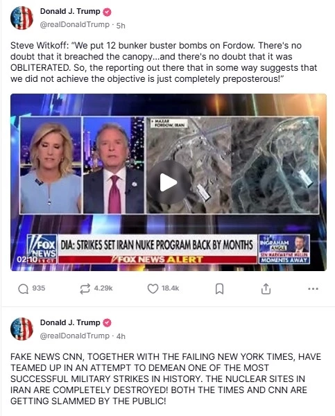 "ทรัมป์" เดือด รายงานลับโจมตีอิหร่าน รั่ว โพสต์ประจาน 2 สำนักข่าว