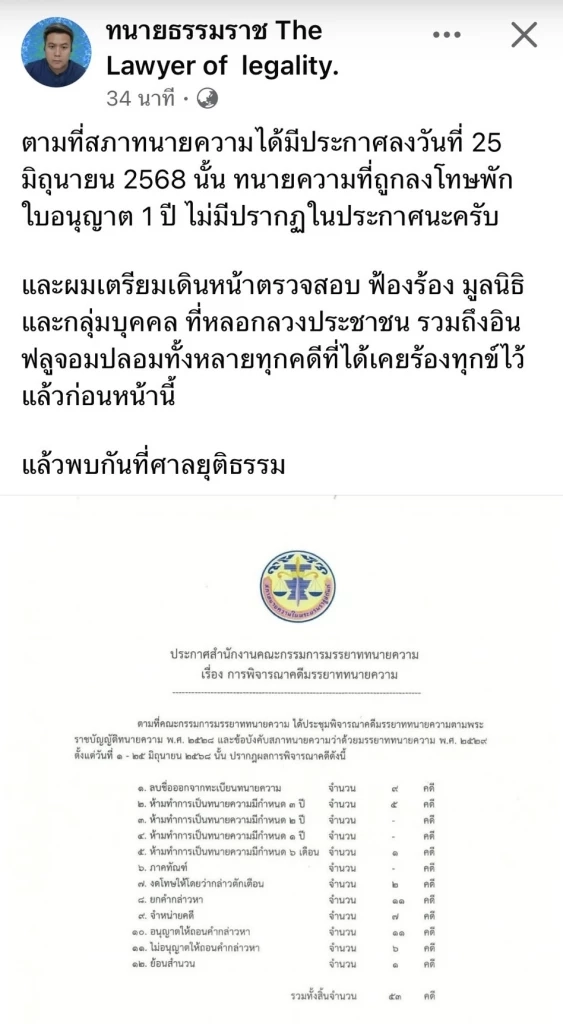 สภาทนายสั่ง ทนาย ธ. ห้ามว่าความ 1 ปี ล่าสุดทนายคนนี้เคลื่อนไหว