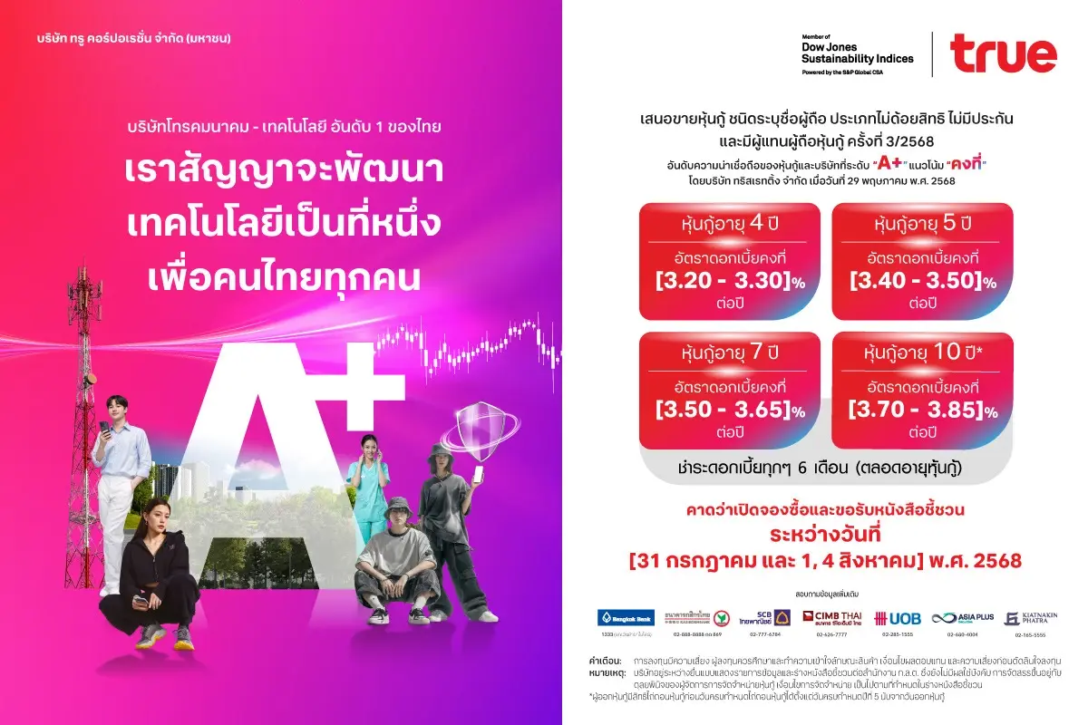 หุ้นกู้ทรู เครดิต "A+" จ่อเสนอขาย! ดอกเบี้ย [3.20 – 3.85]% ต่อปี คาดเริ่มจอง 31 ก.ค. 68