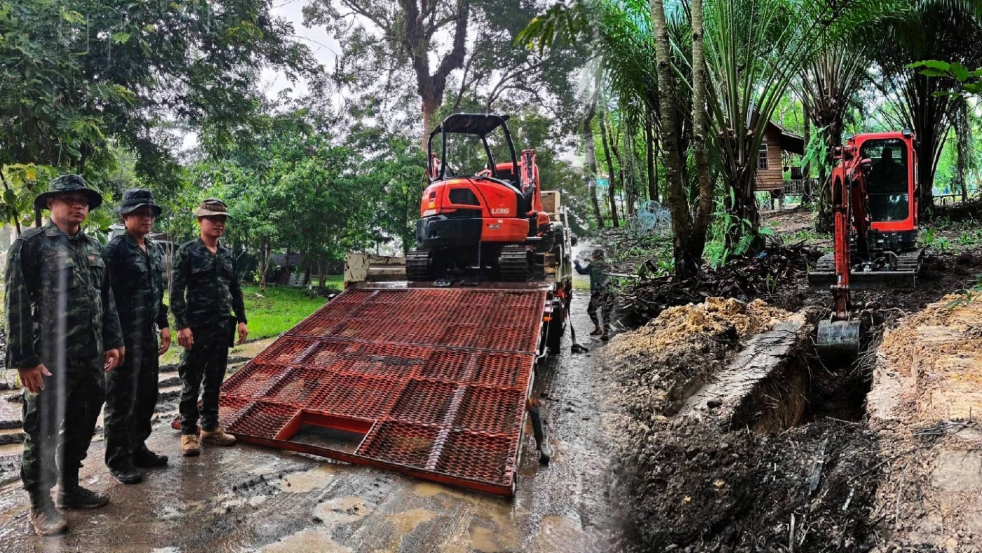 "แม่ทัพ 2" รับมอบรถขุดดินจากเอกชน ไว้ใช้ขุด "คูเลต" ป้องกันฐาน