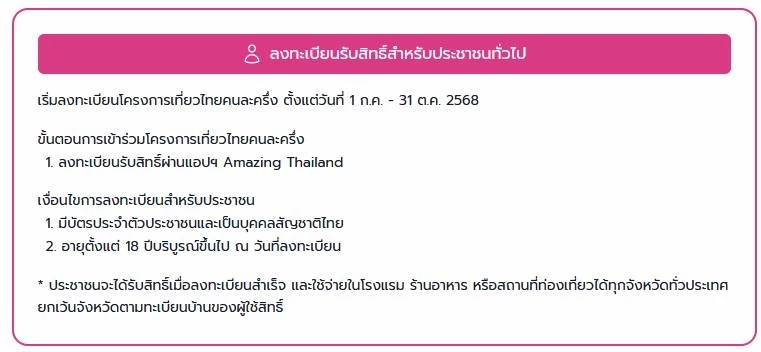 “เที่ยวไทยคนละครึ่ง” เปิดให้ ปชช. เริ่มลงทะเบียน 1 ก.ค.นี้ ส่วนผู้ประกอบการเริ่ม วันนี้ – 30 มิ.ย.