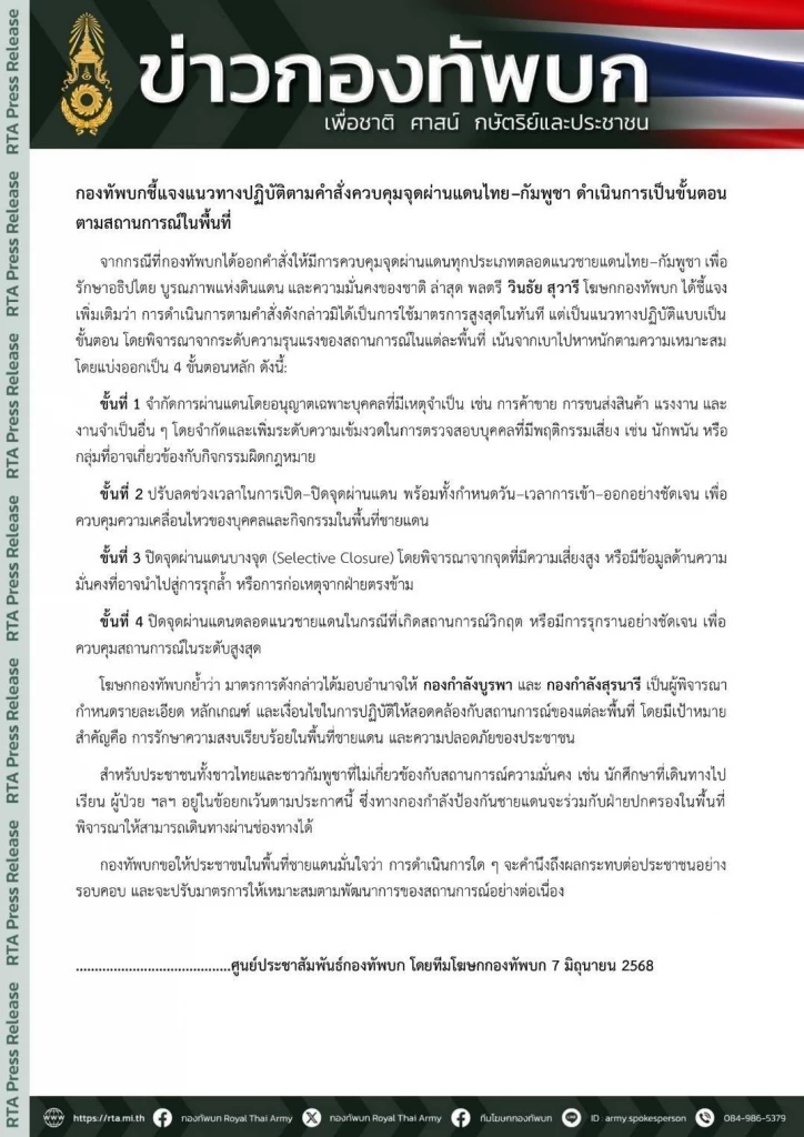 เปิด 4 ขั้นตอน ควบคุมจุดผ่านแดน “ไทย–กัมพูชา”เพื่อรักษาอธิปไตย