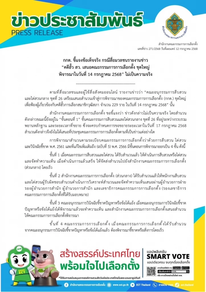 "กกต." ชี้แจง "คดีฮั้ว สว." เตรียมฟ้อง 229 สว. 14 ก.ค.นี้ ไม่จริง