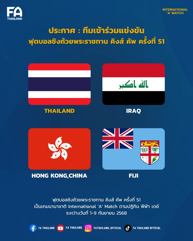 "คิงส์คัพ" คอนเฟิร์ม "อิรัก-ฮ่องกง-ฟิจิ" เข้าร่วม! พร้อมเปิดโผ 3 จังหวัดลุ้นเจ้าภาพ