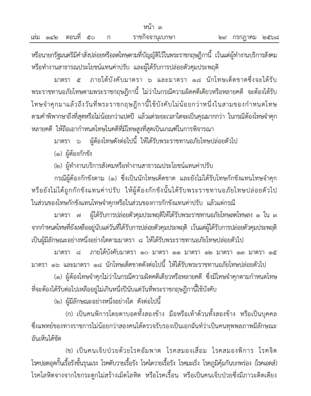 โปรดเกล้าฯ พระราชกฤษฏีกา "พระราชทานอภัยโทษ" พ.ศ. 2568 มีผลบังคับใช้