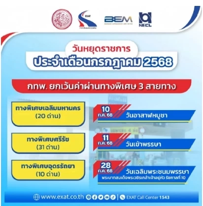 ทางด่วนฟรี วันอาสาฬหบูชา – วันเข้าพรรษา 2568 ด่านไหน เช็กที่นี่