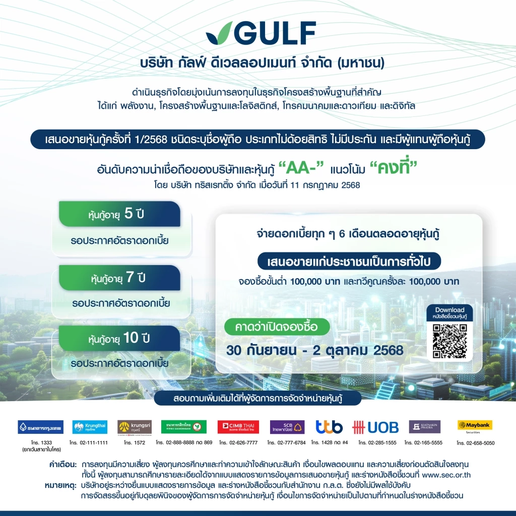 GULF ออกหุ้นกู้ภายใต้บริษัทใหม่ เครดิต AA- รองรับอนาคตที่แข็งแกร่ง