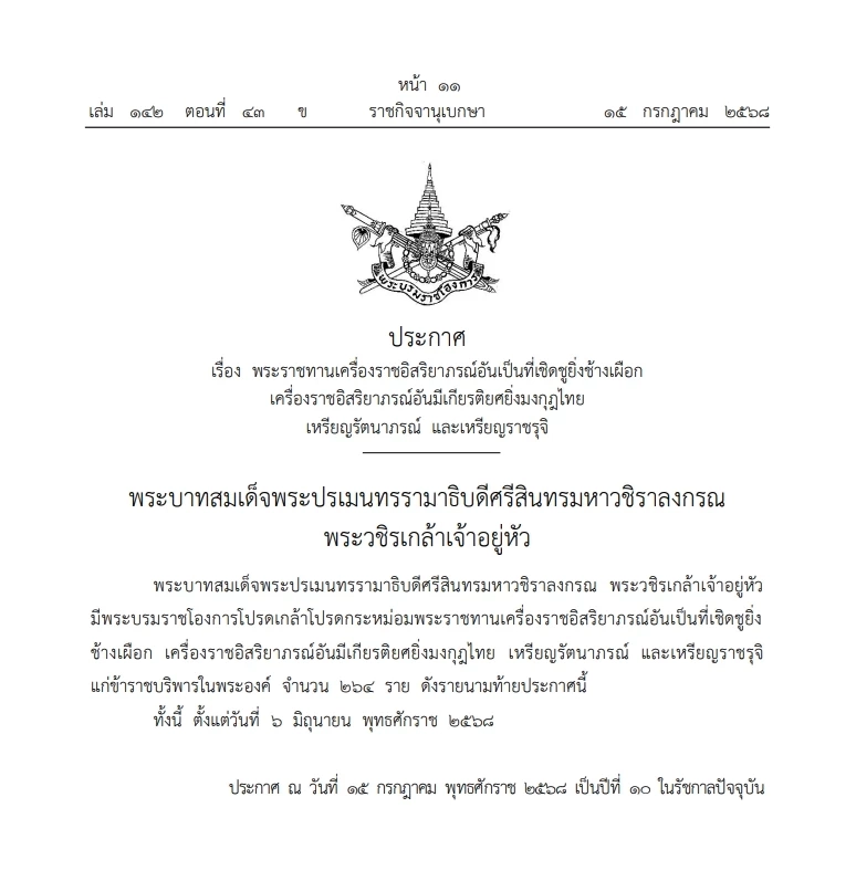 "พระราชทานเครื่องราชฯ"หลายชั้นตรา แก่"ข้าราชบริพารในพระองค์" จำนวน 264 ราย