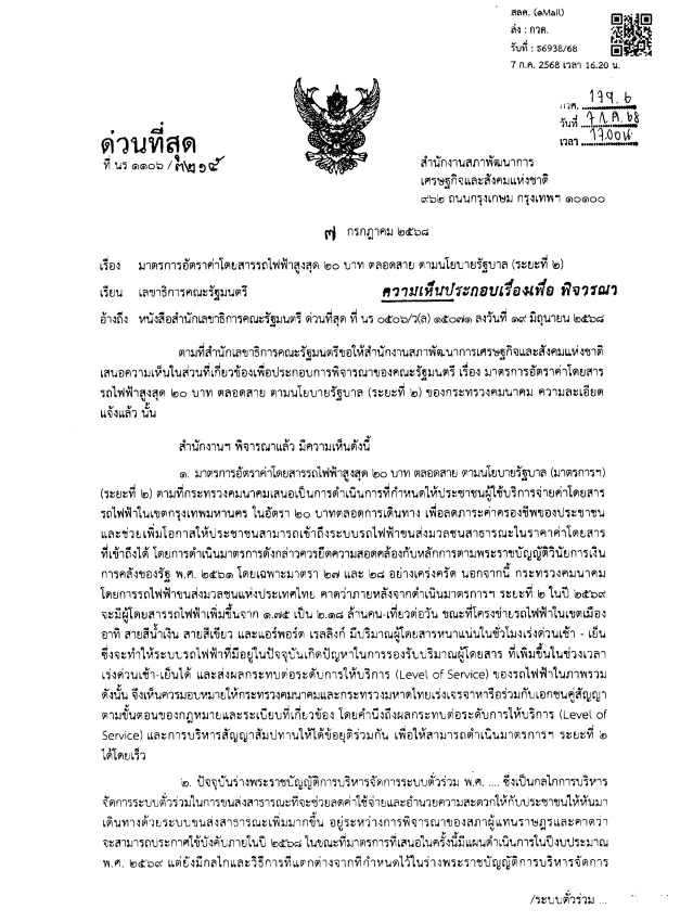 บันทึกสำนักงานสภาพัฒนาการเศรษฐกิจและสังคมแห่งชาติ ต่อ มาตรการค่าโดยสารรถไฟฟ้า 20 บาทตลอดสาย