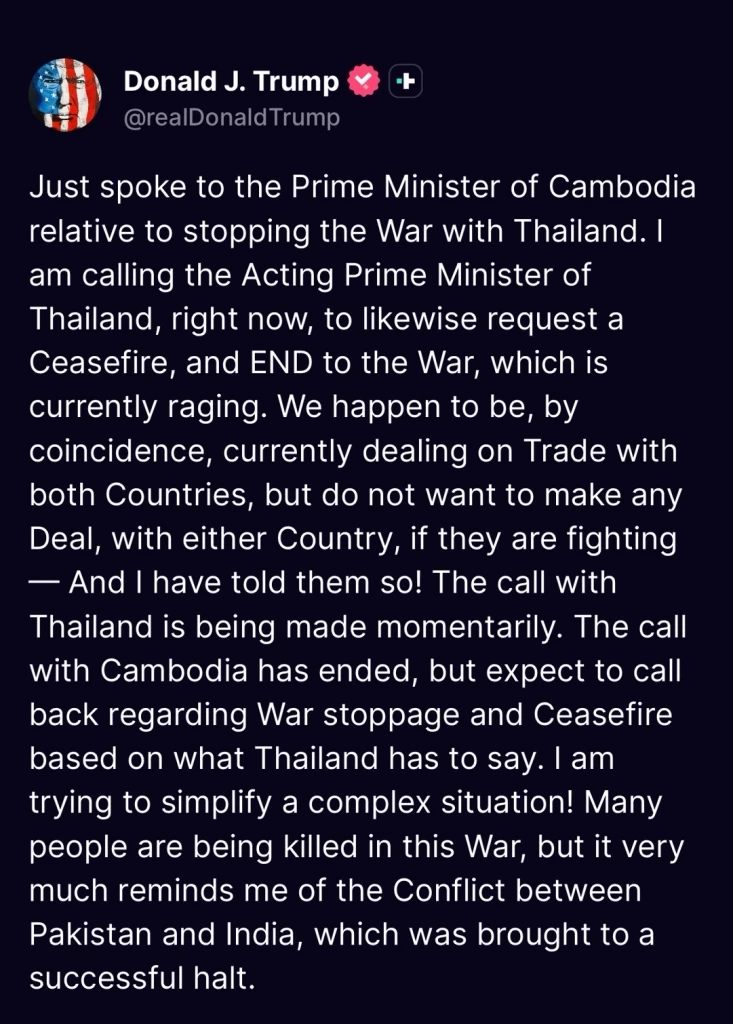 "ทรัมป์" โพสต์คุย "ฮุน มาเนต-ภูมิธรรม" ขอให้ "ไทย-กัมพูชา" หยุดยิงและยุติสู้รบ