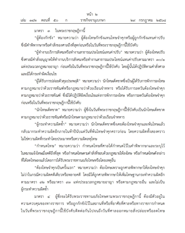 โปรดเกล้าฯ พระราชกฤษฏีกา "พระราชทานอภัยโทษ" พ.ศ. 2568 มีผลบังคับใช้