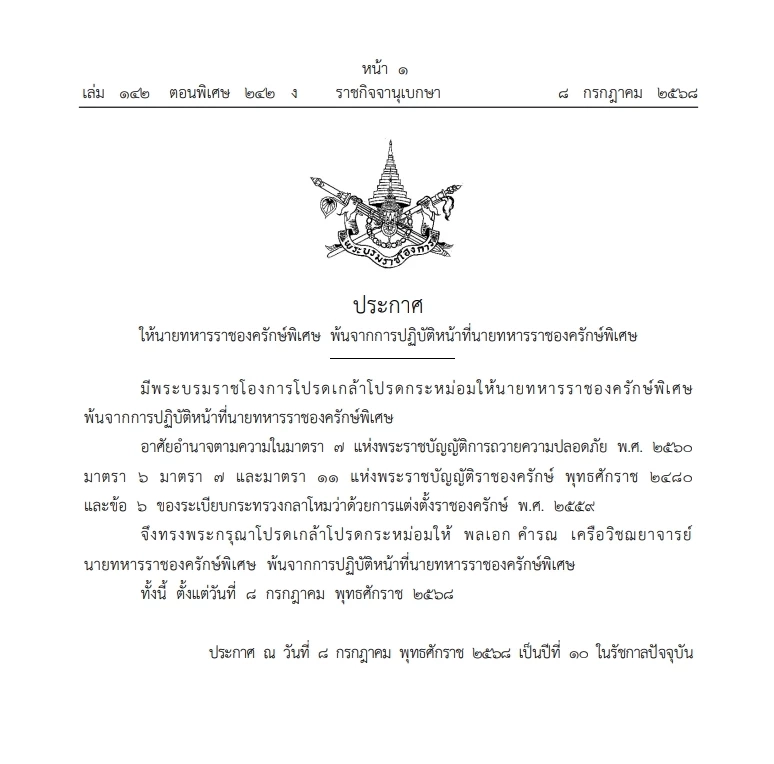 โปรดเกล้าฯ ให้ \"นายทหารราชองครักษ์พิเศษ\" พ้นจากการปฏิบัติหน้าที่