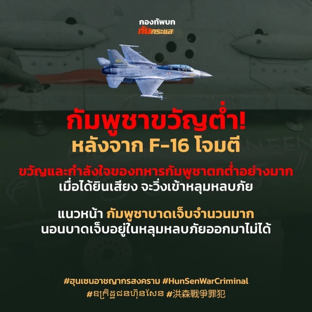 กองทัพบกเผย ทหารกัมพูชาขวัญกระเจิง กำลังใจตกต่ำ เจอ F-16 ทิ้งไข่