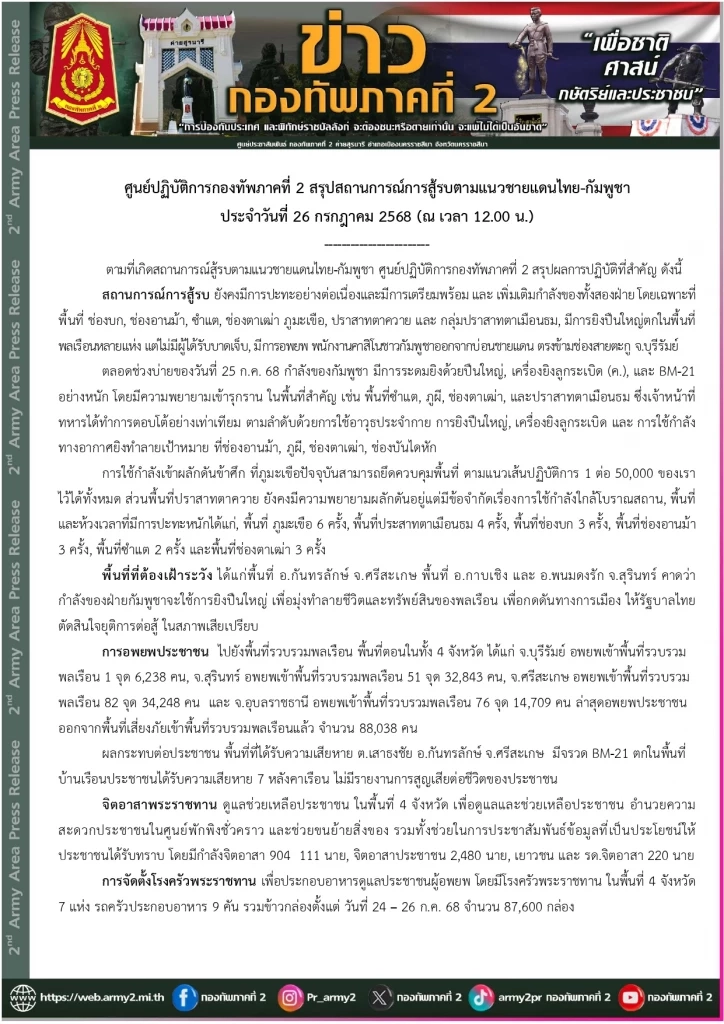 กองทัพภาคที่ 2  สรุปผลการปฏิบัติ รายงานสถานการณ์การสู้รบ