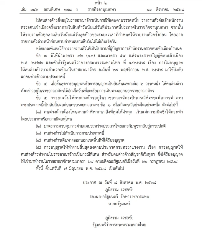 "ภูมิธรรม"ออกประกาศมท. ผ่อนผัน"แรงงานกัมพูชา"ที่ได้รับอนุญาตทำงานในไทย