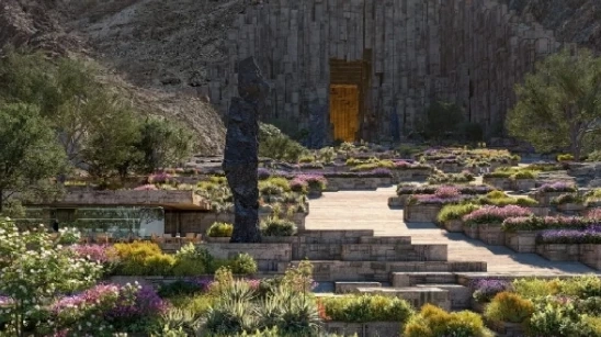 เส้นทางเดินกลางภูเขาที่นำเข้าสู่โถงหลักของ Utamo (NEOM, Saudi Arabia)