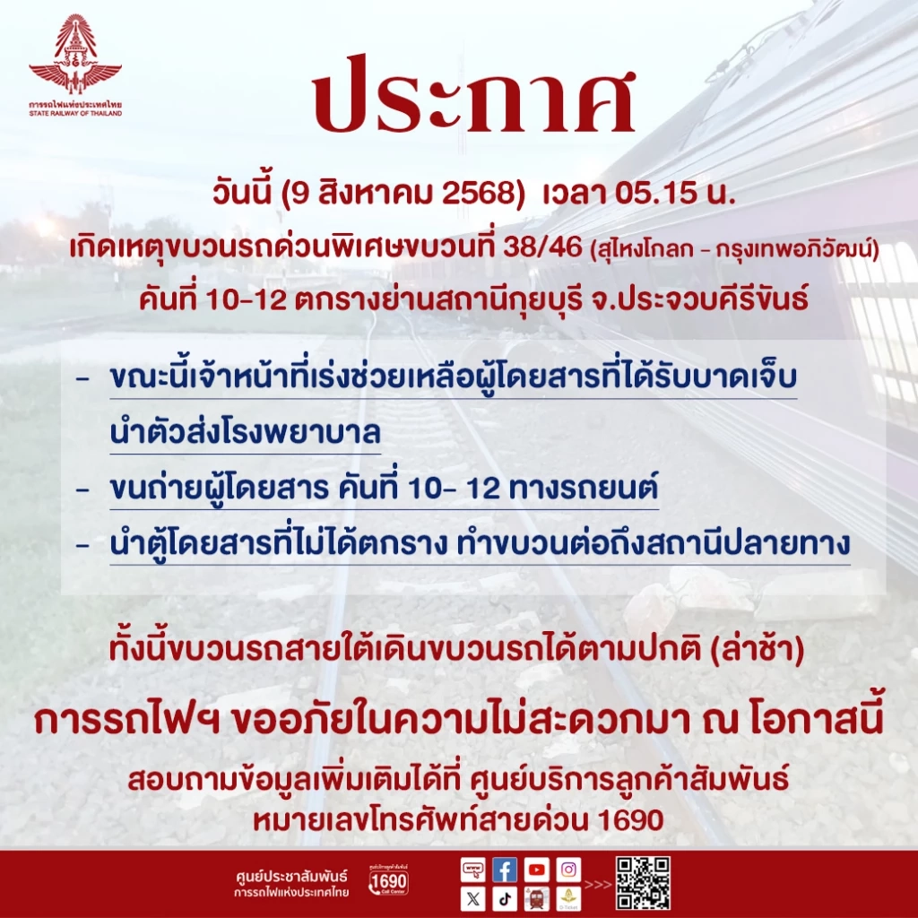 เกิดเหตุรถไฟตกราง ที่จ.ประจวบคีรีขันธ์ เร่งลำเลียงคนเจ็บส่ง รพ.