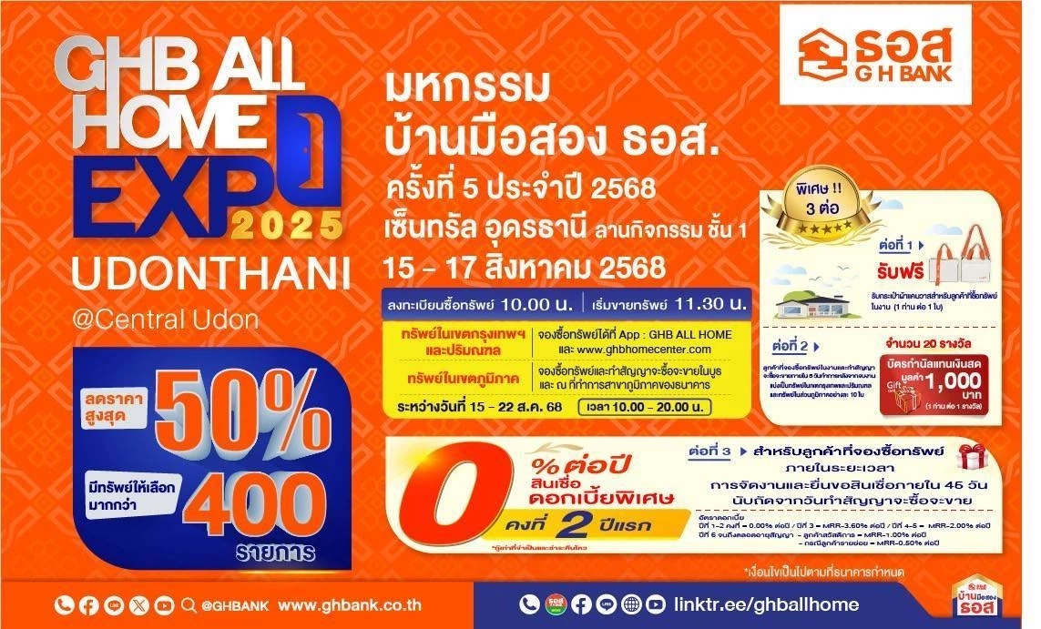 ธอส. ยกขบวนบ้านมือสองลุยอุดรธานี จัดโปรแรงลดสูงสุด 50%