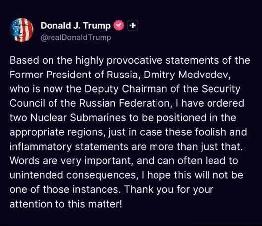 “ทรัมป์” สั่งประจำการเรือดำน้ำนิวเคลียร์ใกล้รัสเซีย