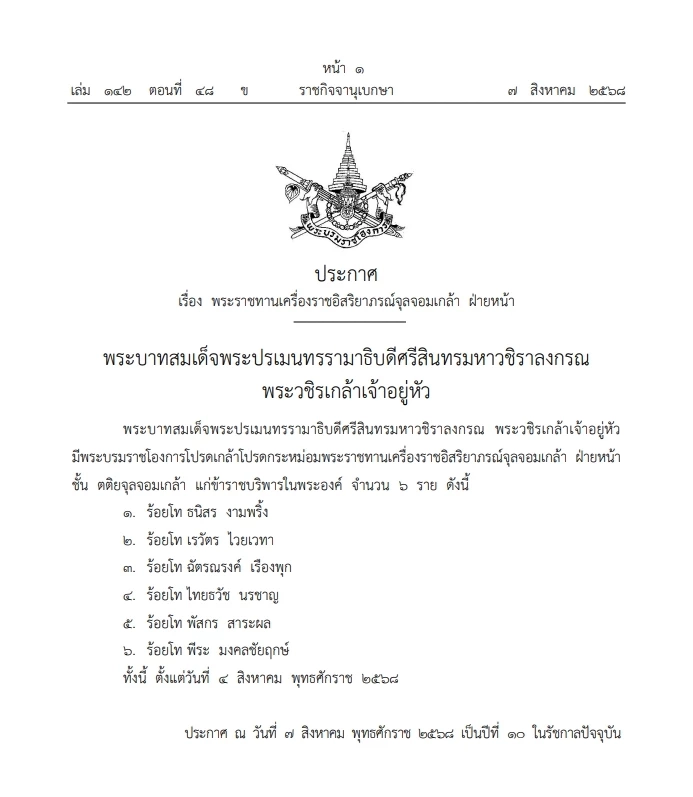โปรดเกล้าฯ "เครื่องราชฯจุลจอมเกล้า ฝ่ายหน้า" แก่ข้าราชบริพารในพระองค์ 6 ราย