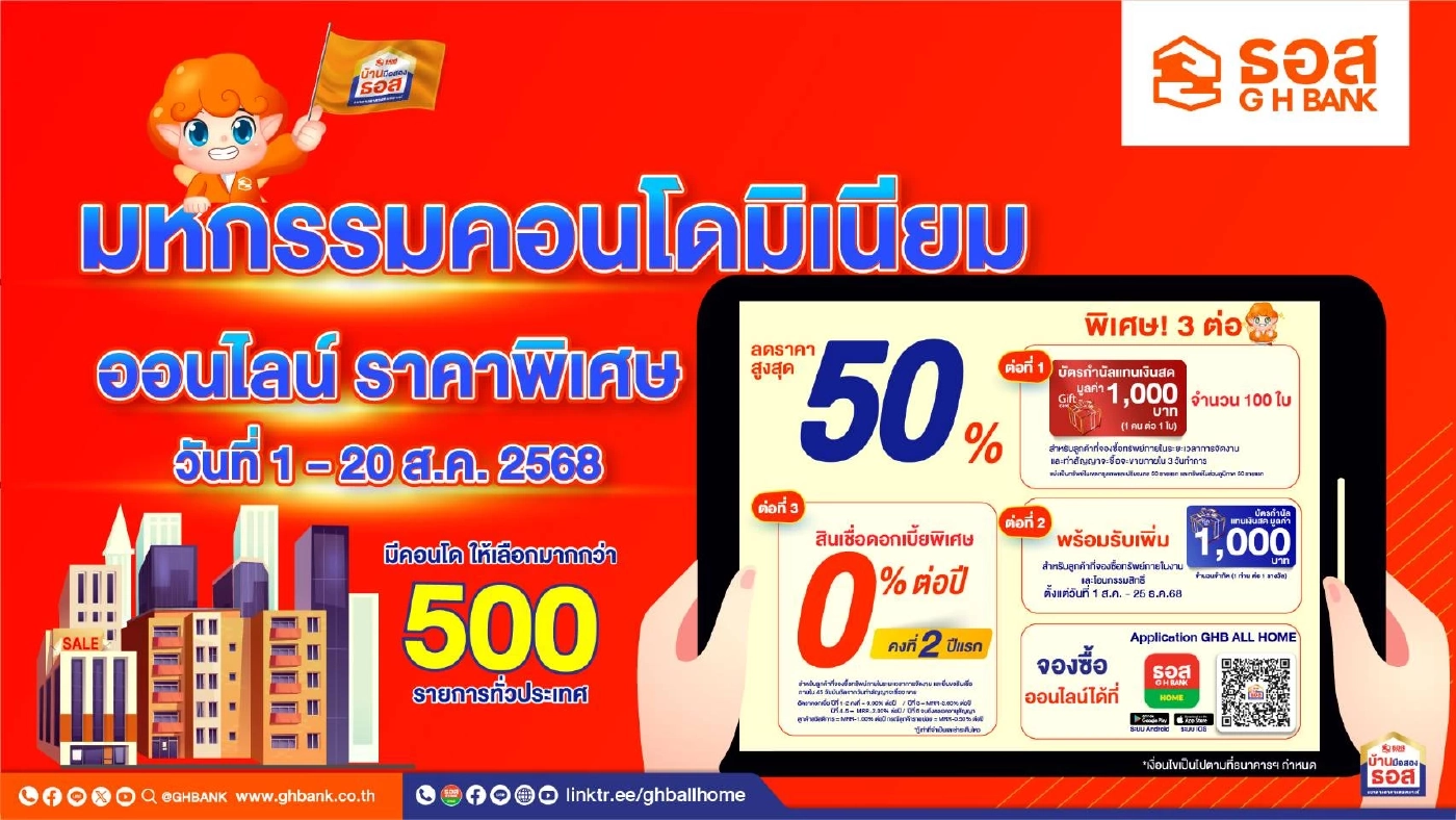 ธอส. ชวนซื้อคอนโดมิเนียมมือสองลดราคาสูงสุด 50% ผ่านระบบออนไลน์