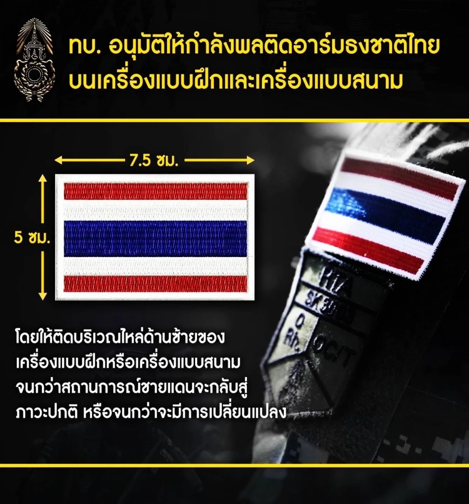 "กองทัพบก" อนุมัติให้กำลังพล "ติดอาร์มธงชาติไทย" บนเครื่องแบบที่ไหล่ซ้าย