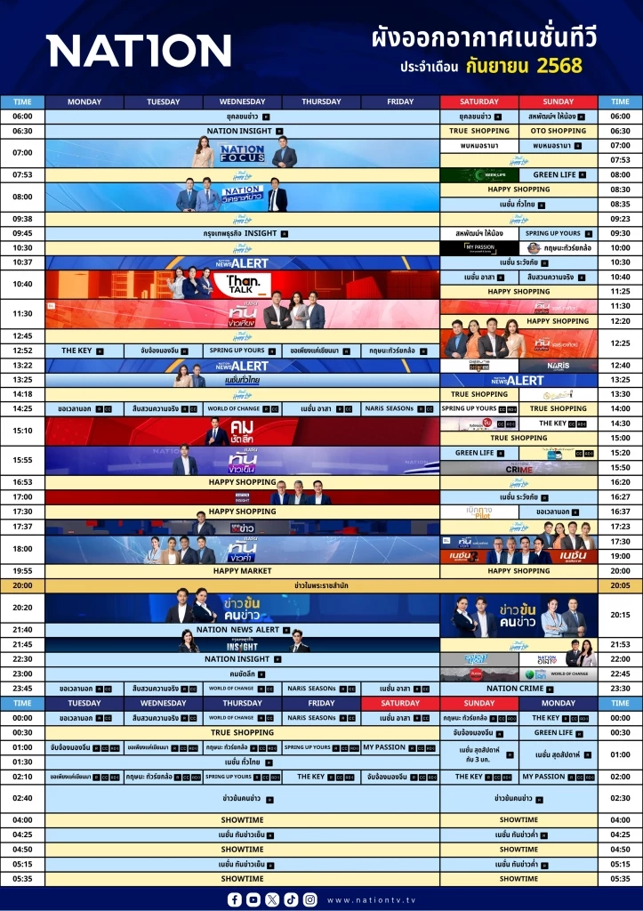 ผังออกอากาศเนชั่นทีวี ประจำเดือน กันยายน 2568 (อัปเดต 15 กันยายน)