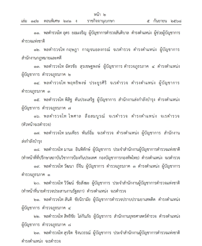 ราชกิจจาฯ เผยแพร่ประกาศโปรดเกล้าฯ แต่งตั้งข้าราชการตำรวจ 249 นาย