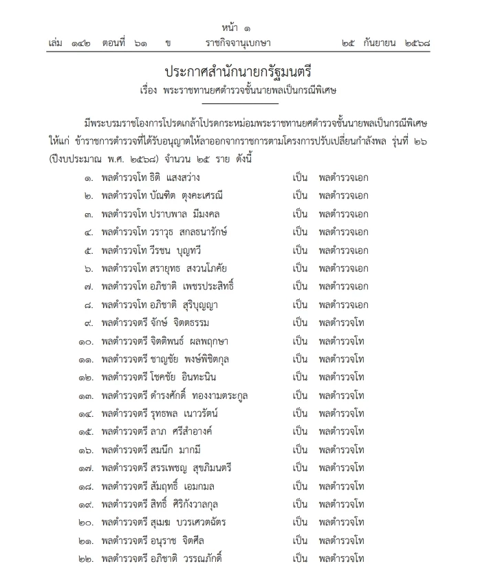 โปรดเกล้าฯ "พระราชทานยศตำรวจชั้นนายพล" เป็นกรณีพิเศษ จำนวน 25 ราย
