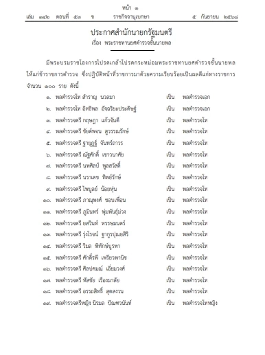 ราชกิจจาฯ เผยแพร่ประกาศ โปรดเกล้าฯ พระราชทานยศ 100 นายพลตำรวจ