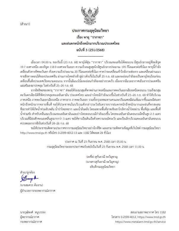 เตือนฉบับที่ 3! พายุไต้ฝุ่น ‘รากาซา’ ฝนตกหนักถึง 26 ก.ย.นี้