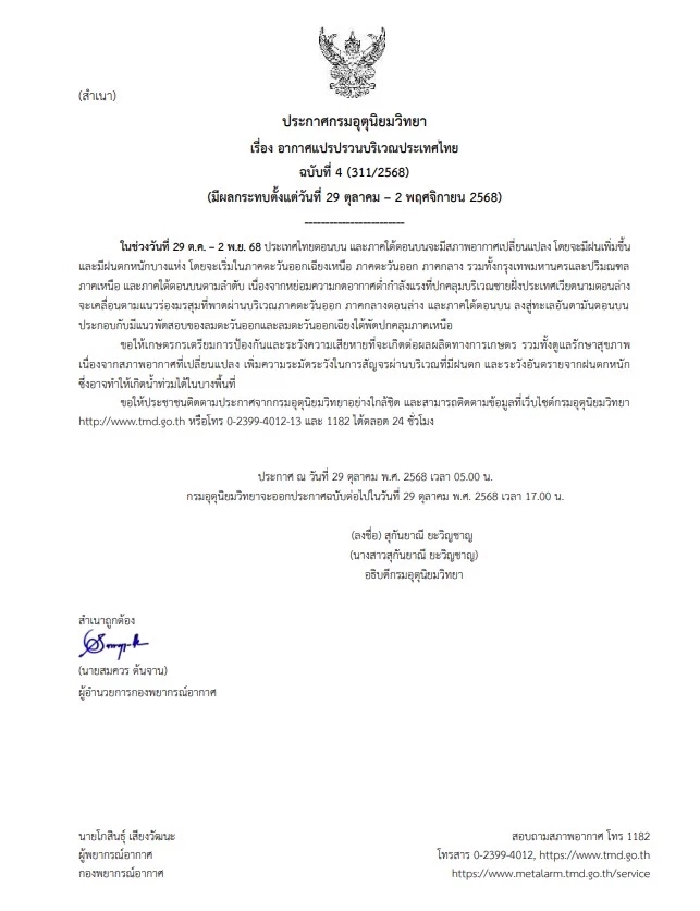 อุตุฯ ประกาศฉบับ 4  "อากาศแปรปรวน" เช็กด่วนพื้นที่เสี่ยงฝนตกหนัก