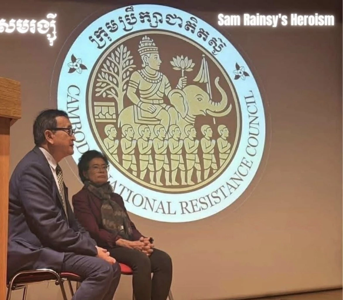 สม รังสี ในวันที่ฉลองจัดตั้ง “รัฐบาลอิสระ 23 ตุลา” ที่ฝรั่งเศส