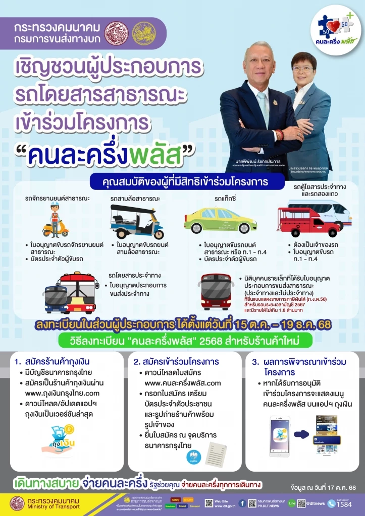 ขนส่งฯ เปิดรับรถสาธารณะร่วม 'คนละครึ่งพลัส' ลดภาระค่าเดินทาง