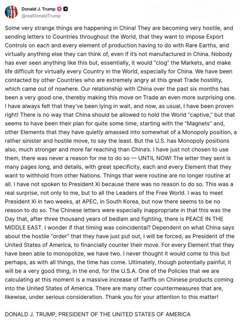 “ทรัมป์”  ขู่เก็บภาษีนำเข้าจีน 100% ตอบโต้ควบคุมแร่ธาตุหายาก