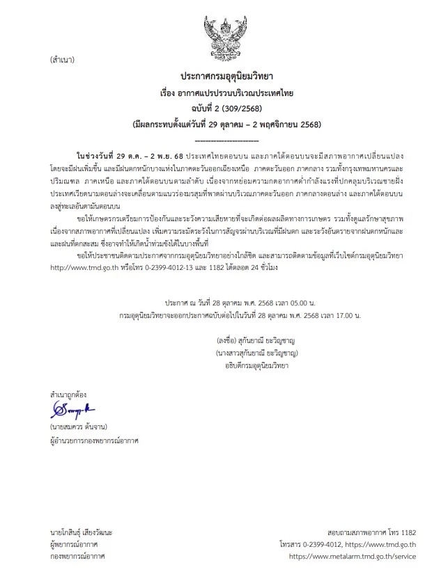 กรมอุตุฯ ประกาศฉบับที่ 2 เตือน! "อากาศแปรปรวน" 29 ต.ค.-2 พ.ย.นี้