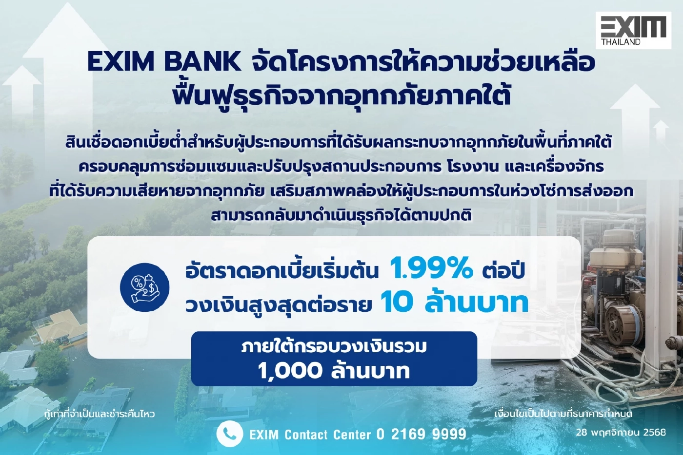 EXIM BANK ปล่อยกู้ฟื้นฟูธุรกิจน้ำท่วมภาคใต้ สูงสุด 10 ล้านบาท/ราย