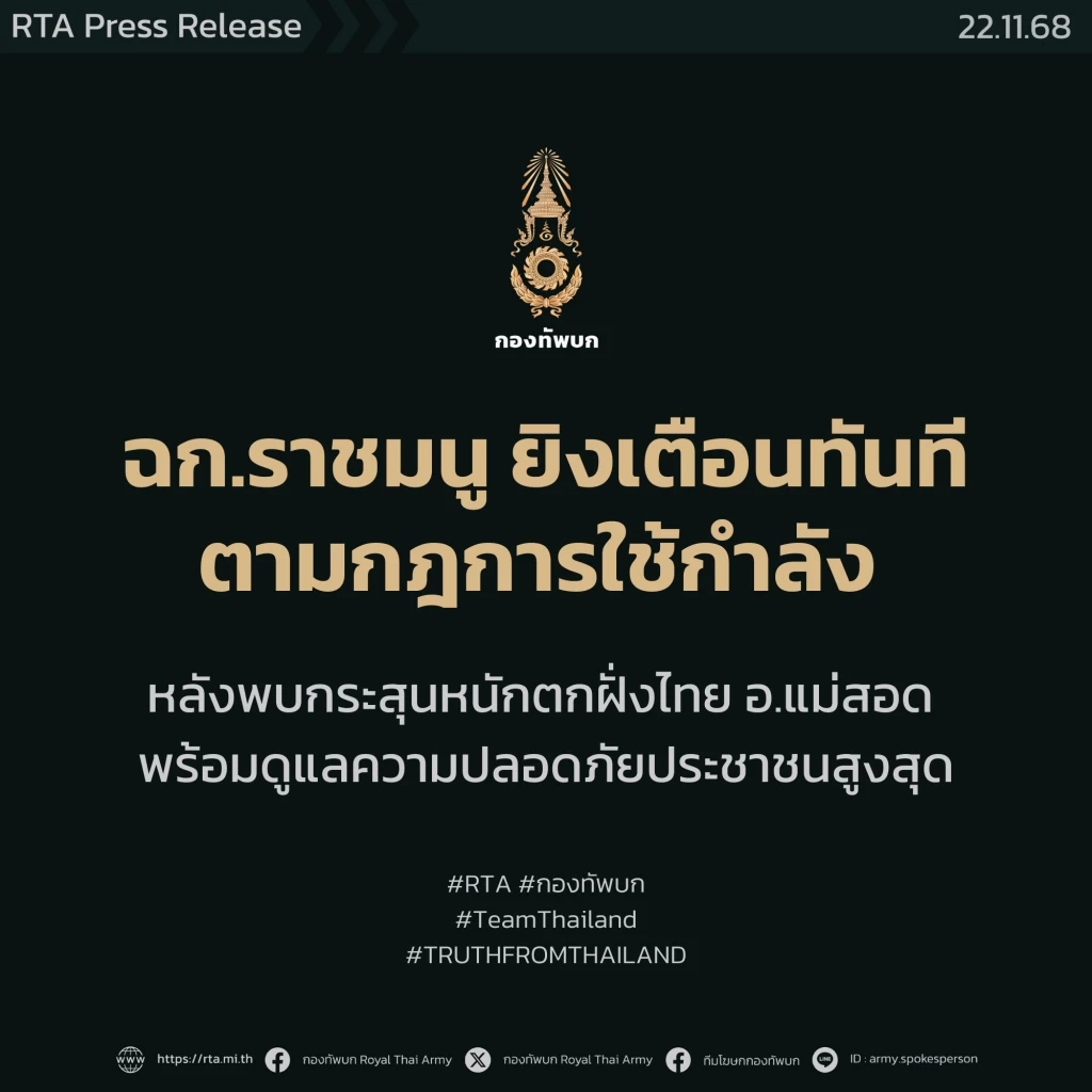 ฉก.ราชมนู ยิงเตือนทันทีตามกฎการใช้กำลัง หลังกระสุนหนักตกฝั่งไทย