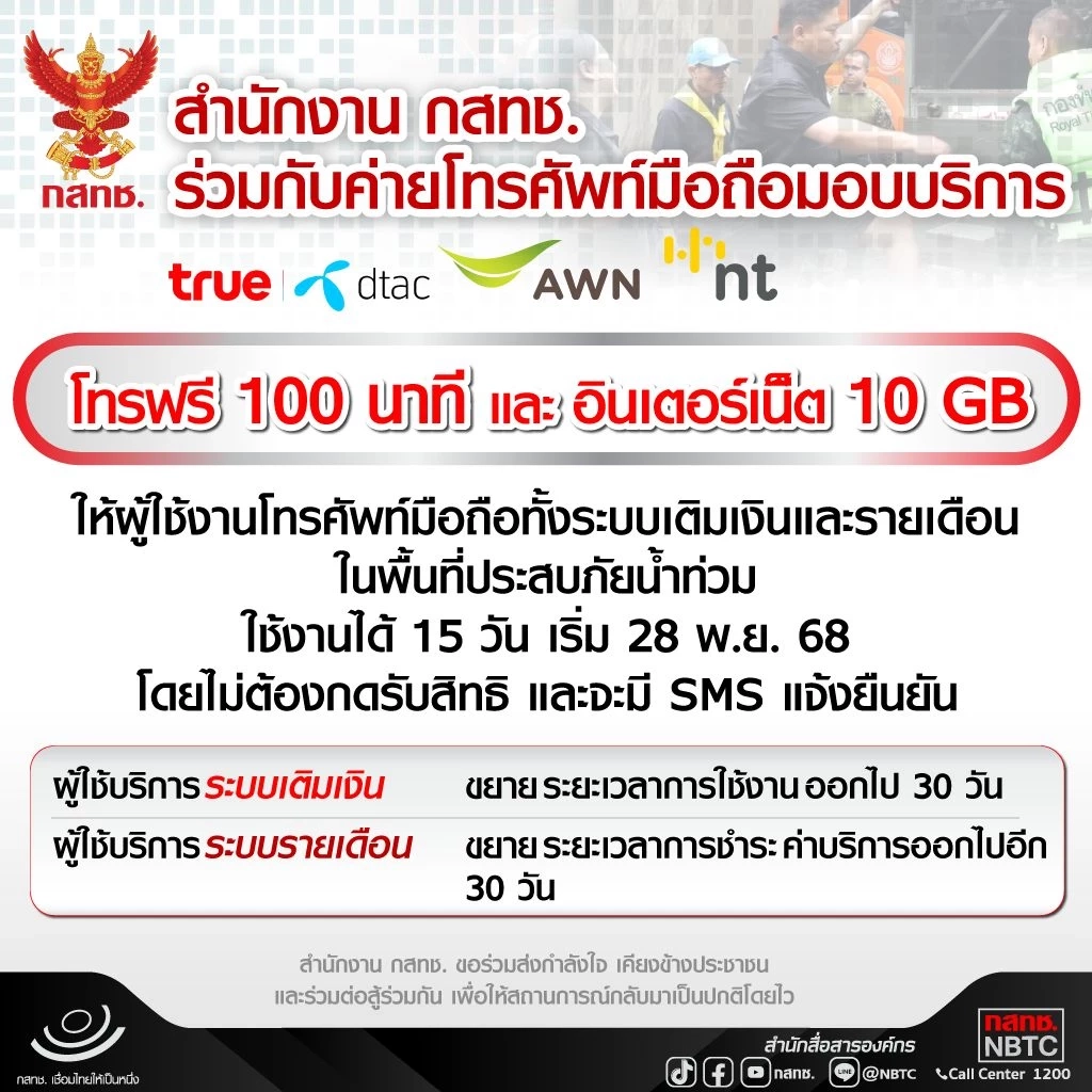 เยียวยาน้ำท่วม กสทช. มอบเน็ตฟรี 10 GB โทรฟรี 100 นาที ทุกเครือข่าย