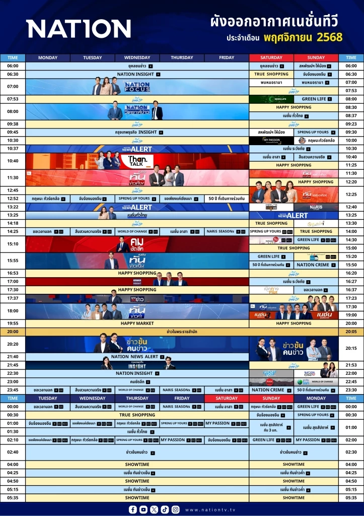 ผังออกอากาศเนชั่นทีวี ประจำเดือน พฤศจิกายน 2568