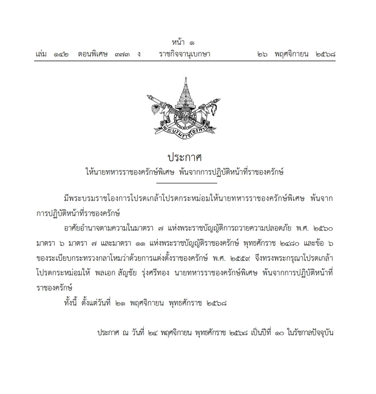 โปรดเกล้าฯ ให้นายทหารราชองครักษ์พิเศษ" พ้นจากการปฏิบัติหน้าที่ "ราชองครักษ์"