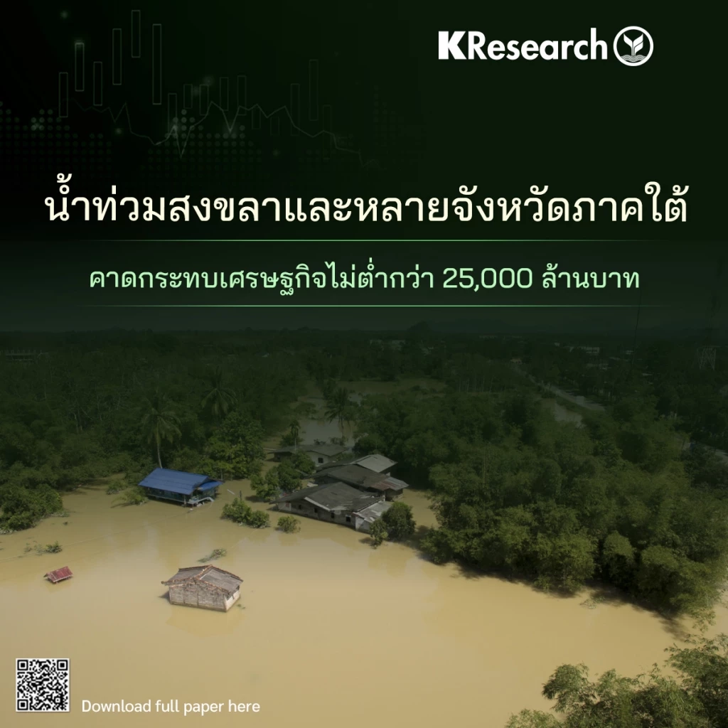 วิจัยกสิกร คาดน้ำท่วมภาคใต้ ทุบเศรษฐกิจสูญ 25,000 ล้านบาท