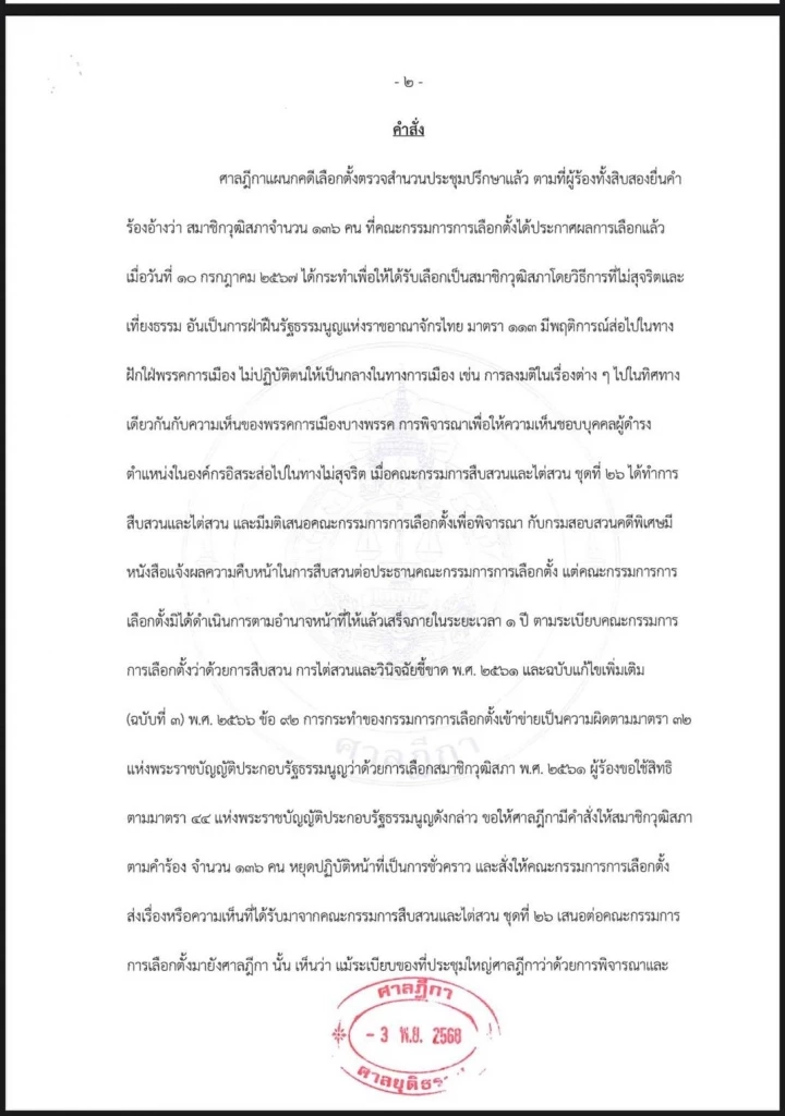 ศาลยกคำร้อง สว.สำรอง ขอให้ 136 สว.คดีฮั้ว สว.พักปฏิบัติหน้าที่